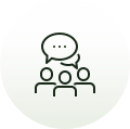 Line icon of three people with a speech bubble, representing the consultation step to discuss goals and walk the property together.