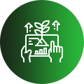 Green icon showing hands reviewing a digital landscape plan with a plant and data arrows, symbolizing the approval of a custom landscaping proposal.