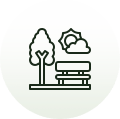 Line icon of a park bench under a tree and sun, representing the final step where the customer enjoys their completed outdoor landscape.