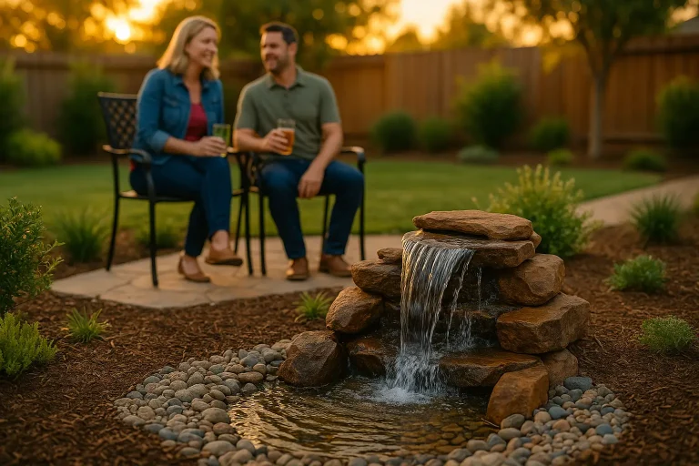 A couple sits on a patio at golden hour, enjoying drinks near a flowing water feature made of stacked natural rock. The fountain is surrounded by mulch, gravel, and lush landscaping, creating a peaceful, well-lit backyard scene.