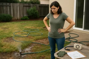 A frustrated homeowner stands in a backyard with patchy grass and muddy spots caused by a broken sprinkler head spraying unevenly. Nearby are a tangled garden hose and an outdated mechanical irrigation timer. Overcast skies emphasize the neglected lawn and irrigation issues.