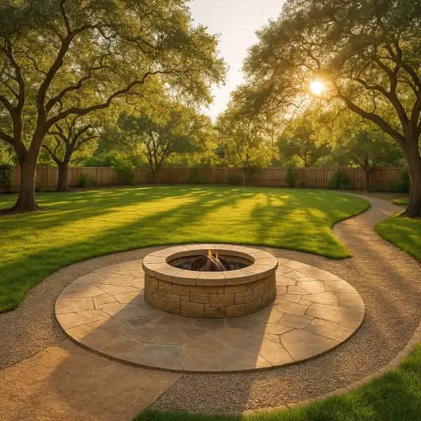 Built-in stone fire pit centered in a large open backyard with mature oak trees and green grass