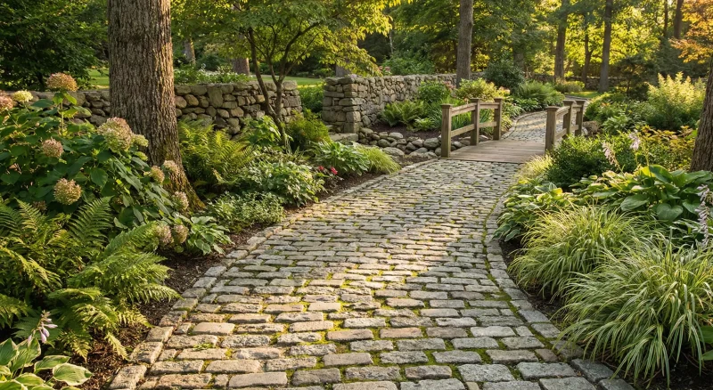 Classic cobblestone garden walkway surrounded by mature plantings and natural stone walls in a serene outdoor setting.