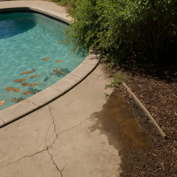 Neglected pool yard with cracked concrete, overgrown plants, and poor drainage near pool edge