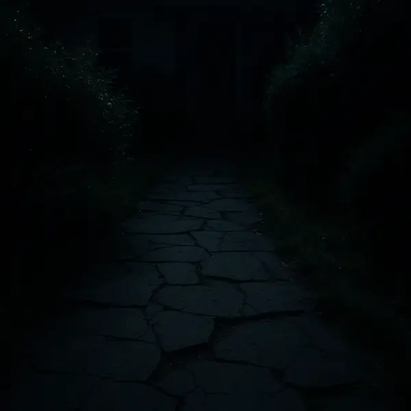 Dark unlit home walkway at night with shadowed cracked pavers and overgrown plants