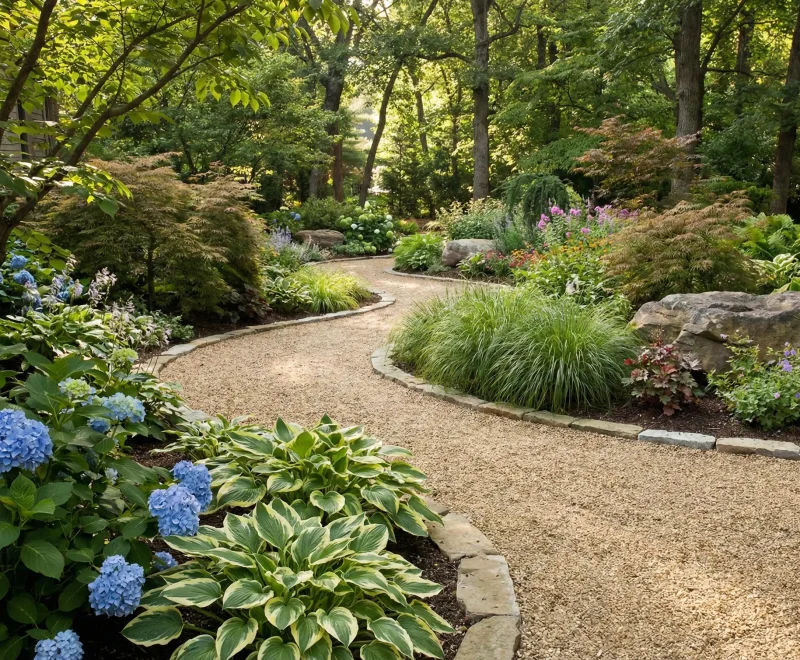 Shaded woodland garden path built with decomposed granite and natural stone edging for a soft, walkable landscape surface.
