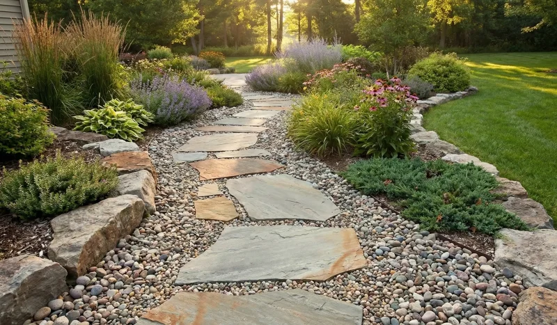 Decorative gravel landscape with stone retaining borders, drought tolerant plants, and layered textures for a low maintenance yard.