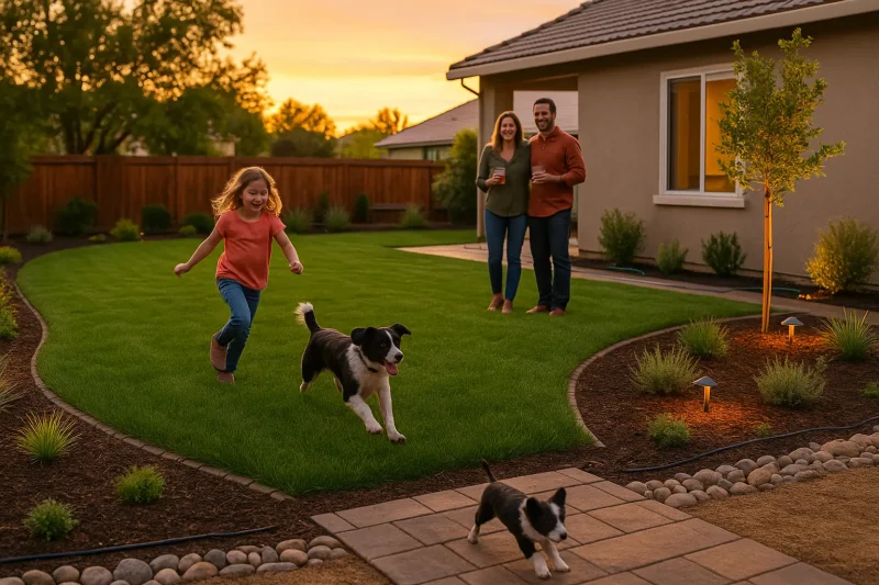 A family enjoys their finished backyard at sunset in Orangevale or Folsom. Two dogs and a child play on lush green sod surrounded by decorative edging, mulch, shrubs, and low-voltage lighting. The homeowners smile from the patio in warm golden light.