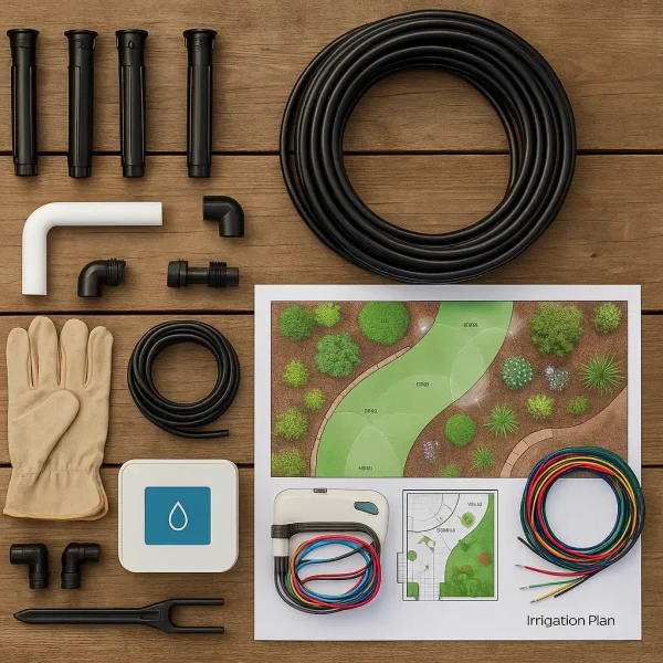 Top-down view of irrigation system materials neatly arranged on a wooden work surface, including sprinkler heads, drip tubing, PVC connectors, smart controller display, wiring, gloves, and a printed irrigation layout plan.