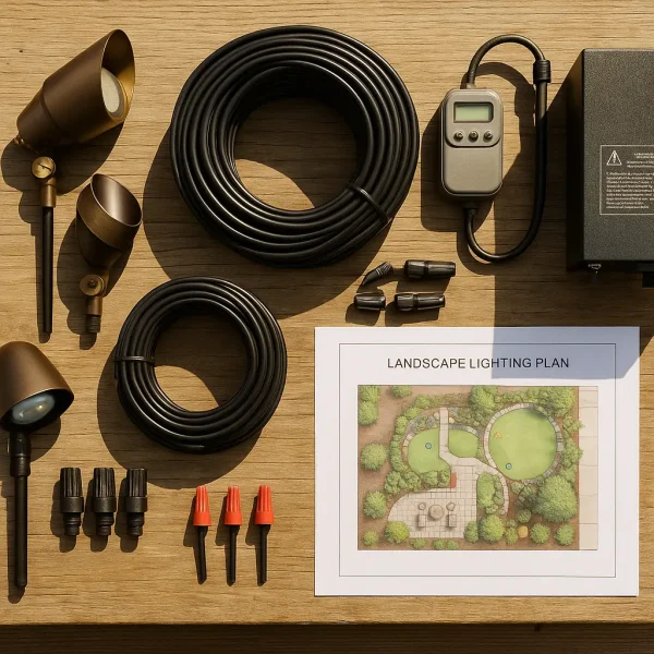 Flat-lay photo of LED landscape lighting fixtures, wire spools, waterproof connectors, a dusk-to-dawn timer, low-voltage transformer, and a printed lighting layout neatly arranged on a wooden surface in natural sunlight.