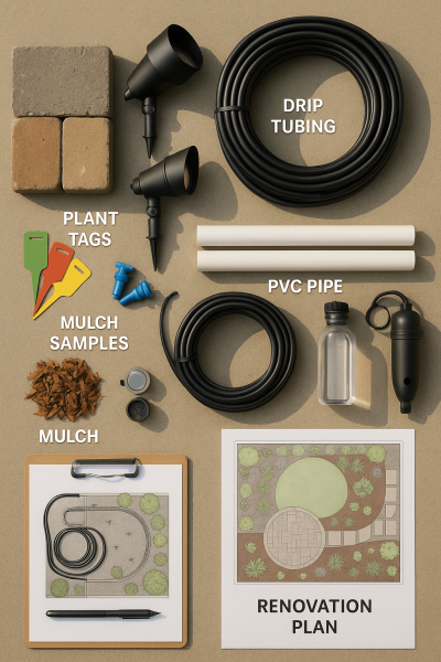 Top-down photo of labeled landscaping materials and tools on a neutral background, including paver stones, drip tubing, PVC pipes, lighting fixtures, plant tags, mulch samples, and a printed landscape renovation plan, showcasing professional preparation.