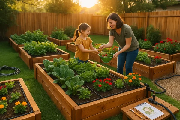 A parent and child harvest vegetables in a backyard with multiple raised cedar garden beds full of leafy greens and flowers. A drip irrigation system runs through each bed, and the scene glows with golden hour sunlight, creating a joyful, peaceful atmosphere.