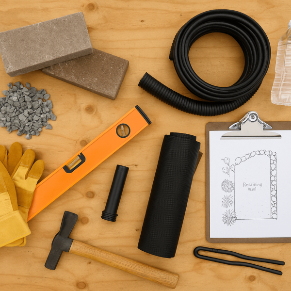 Top-down view of retaining wall installation materials and tools neatly arranged on a plywood surface, including interlocking block samples, gravel, landscape fabric, drainage pipe, gloves, a level, clipboard with a sketch plan, and a water bottle.