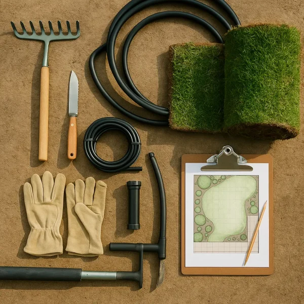 Top-down flat-lay photo of water feature installation tools on a wooden table, including a waterproof pump, PVC pipes, LED lights, rubber tubing, rock sealant, green landscape gloves, and a rolled blueprint. Natural morning light casts soft shadows.