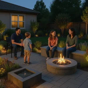 A family of four enjoys their professionally landscaped backyard in El Dorado Hills or Folsom, gathered around a modern fire pit with native plants, garden lighting, and a peaceful atmosphere at twilight.