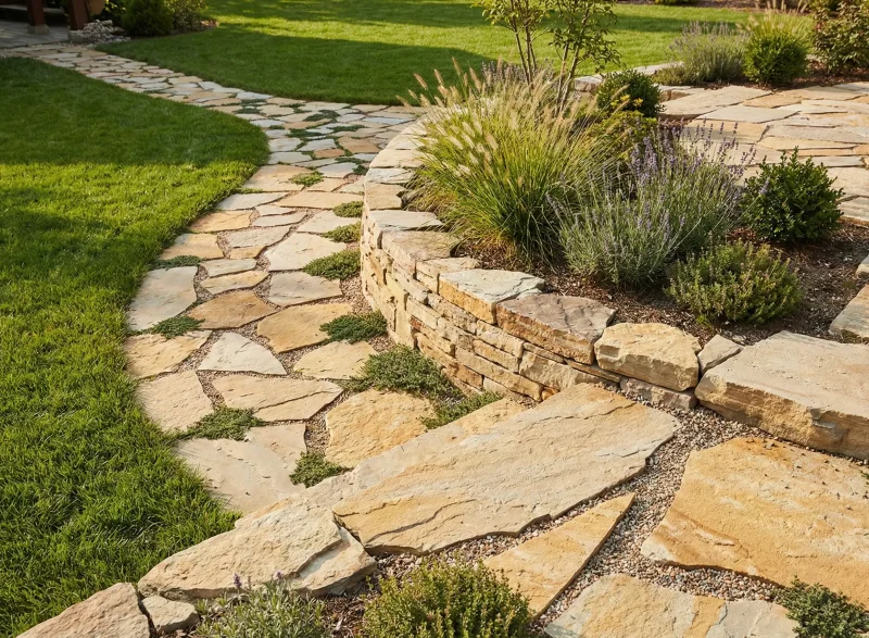 Curved flagstone walkway with decorative pebble infill surrounded by lush planting beds in a professionally designed garden landscape.
