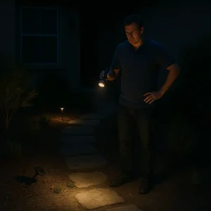 A frustrated homeowner stands on a dark, uneven pathway at dusk, using a flashlight to navigate. A broken solar light lies nearby, and the unlit yard with deep shadows near shrubs and steps feels unsafe and unwelcoming.