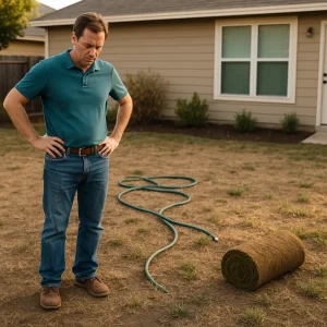 A frustrated homeowner stands in a patchy, brown lawn with dry spots, weeds, and uneven soil. A tangled garden hose and an unopened sod roll lie nearby under warm late afternoon light with soft shadows.