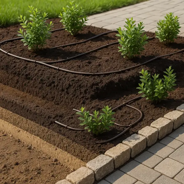Cross section view of soil, irrigation, plants, and hardscape in a new landscape install