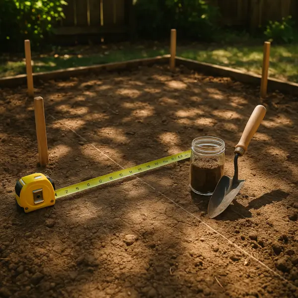 Stakes and measuring tape marking a raised garden bed footprint on clay soil during a yard assessment