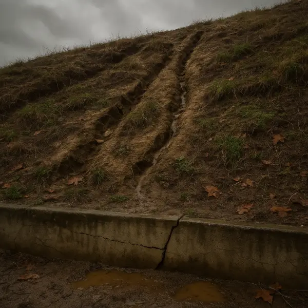 Muddy hillside with a rutted, eroded path running down the slope under cloudy skies.
