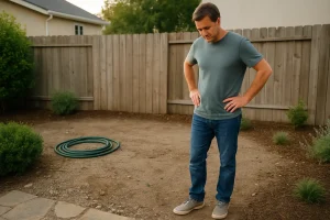 A homeowner stands in a suburban backyard looking puzzled at a bare dirt and gravel area with a coiled garden hose nearby. The unlandscaped space hints at a future water feature, with a wooden fence and minimal plants in soft daylight.