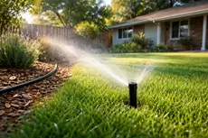 Irrigation and sprinkler systems in Orangevale CA by McGuire Earth Works - pop-up sprinkler watering residential lawn with drip line in planting bed