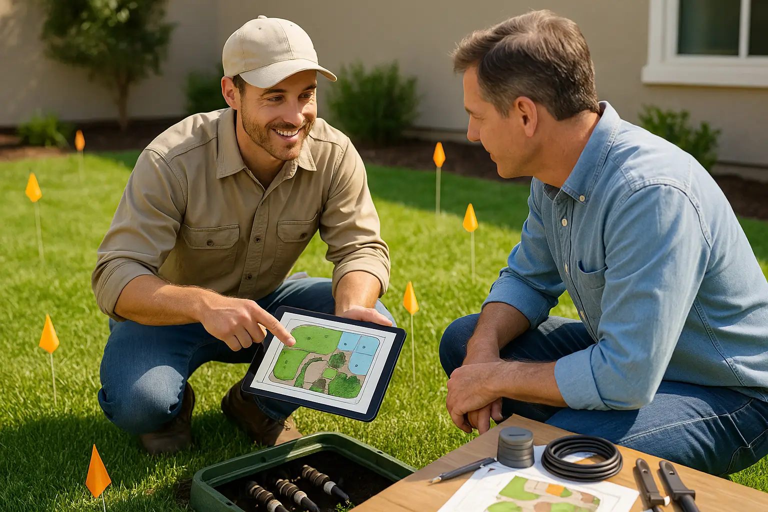 A landscape technician shows a digital zone layout on a tablet to a homeowner next to an open irrigation valve box. Colorful marking flags dot the lawn, and tools rest nearby under late morning sunlight in a clean residential yard.