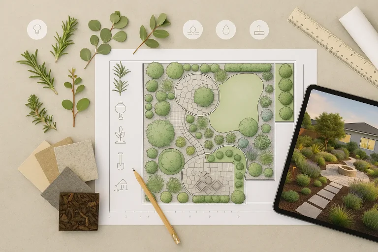 A top-down view of a landscape designer’s drafting table featuring a printed garden plan, native plant clippings, stone and mulch samples, a pencil, ruler, and a tablet displaying a 3D backyard render with soft natural lighting.