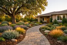 Landscape design in Orangevale CA by McGuire Earth Works - custom front yard with drought-tolerant planting beds and paver walkway