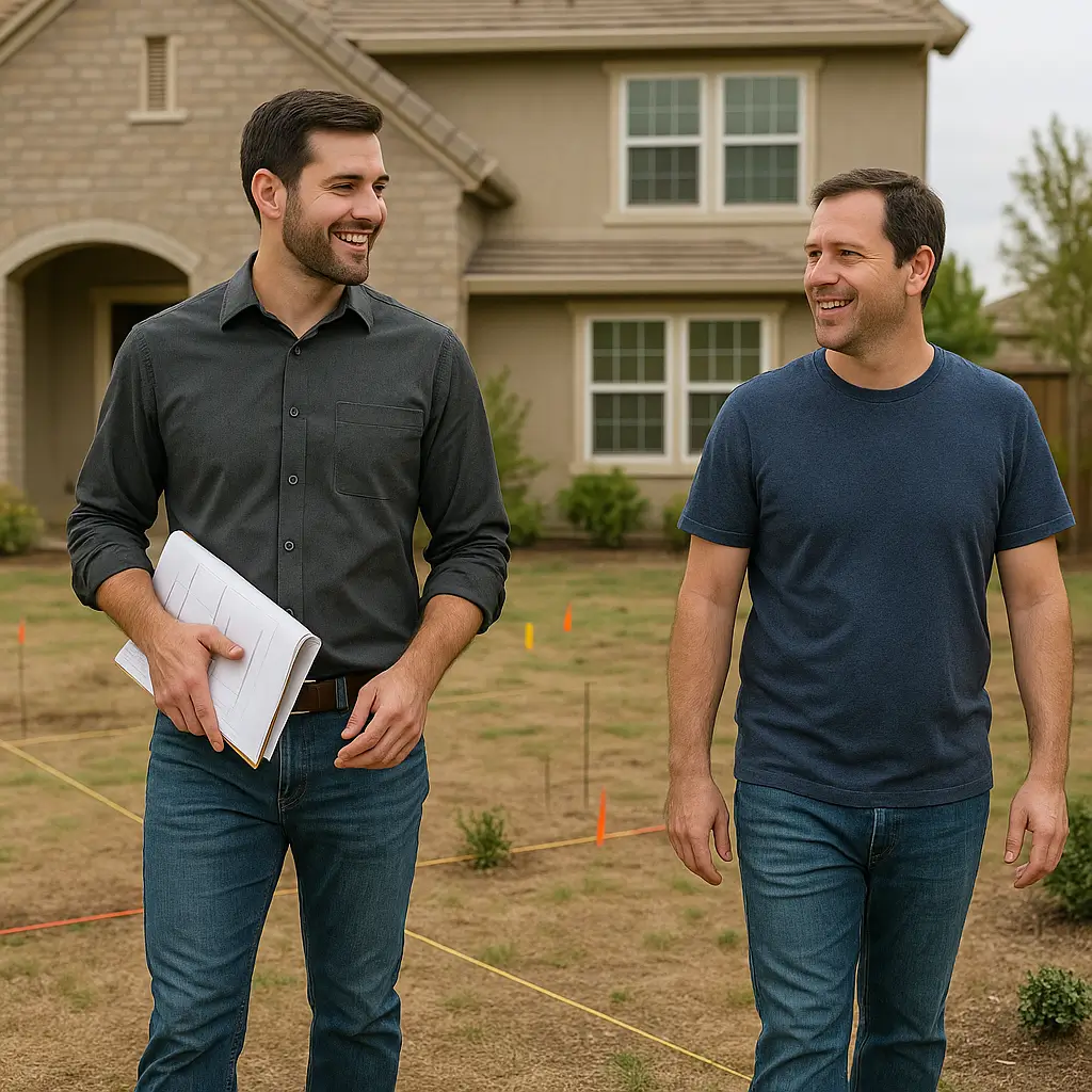 A professional landscape designer holding blueprints walks through a residential yard with a smiling homeowner. The yard has visible planning markers and a suburban home in the background.