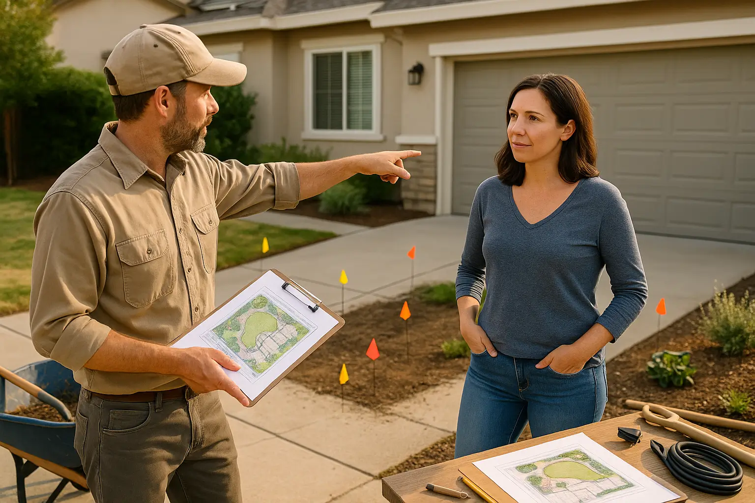 A landscape foreman in plain workwear holds a clipboard with a design sketch while discussing sod placement with a homeowner in their driveway. Colored flags mark the yard, and tools and a wheelbarrow are neatly placed nearby under soft natural daylight.