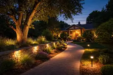 Landscape lighting in Orangevale CA by McGuire Earth Works - low-voltage LED path lights and tree uplighting at dusk