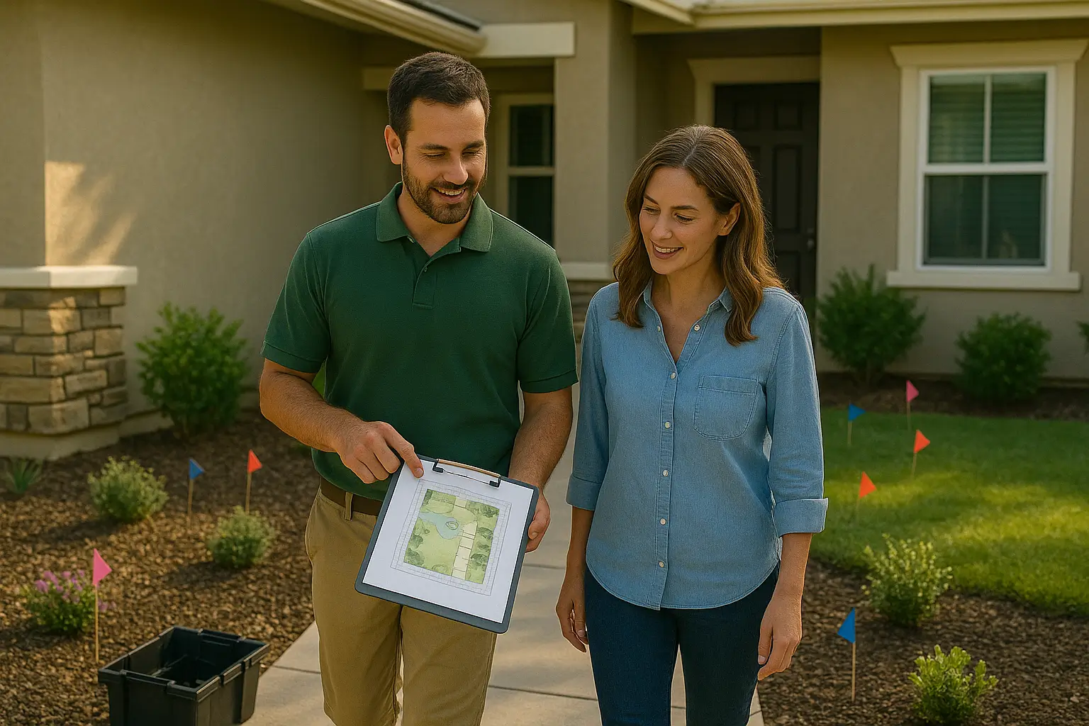 A landscape foreman walks beside a homeowner in a front yard, holding a clipboard with a lighting layout. Colored flags mark proposed fixture locations, and a toolbox rests nearby. The conversation is collaborative under natural daylight.