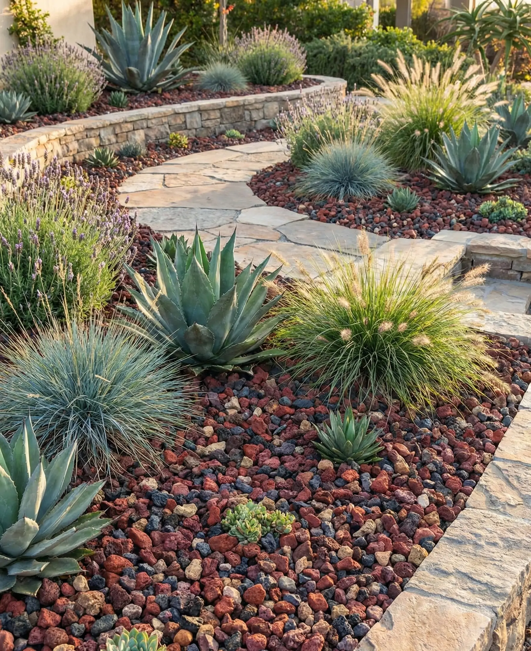 Drought tolerant xeriscape landscape featuring red lava rock ground cover, agave plants, and a natural flagstone pathway.