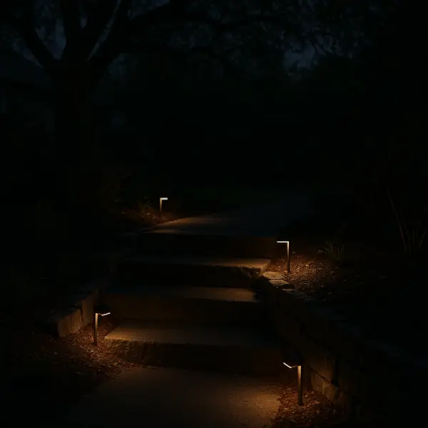Stone walkway and steps lit by warm LED path lights with garden beds in soft shadow