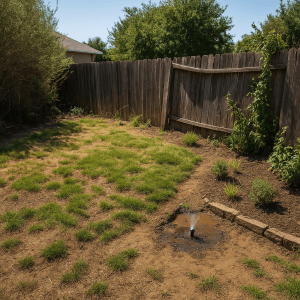 A neglected backyard in California showing patchy grass, dry soil, overgrown plants, and a broken sprinkler leaking water into a muddy puddle. A leaning wooden fence adds to the unkempt, chaotic appearance. Definitely in need of renovation