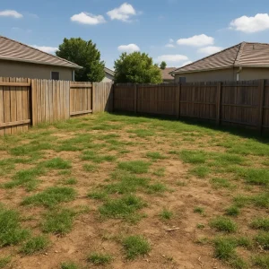 A neglected suburban backyard in California with patchy grass, uneven dirt terrain, and aged wooden fencing under midday sunlight.