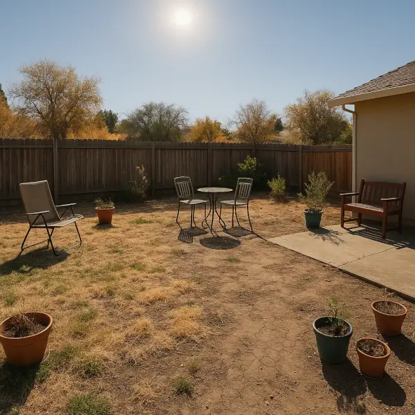 Neglected Orangevale backyard with dead grass patches, cracked concrete patio, and scattered furniture in need of redesign