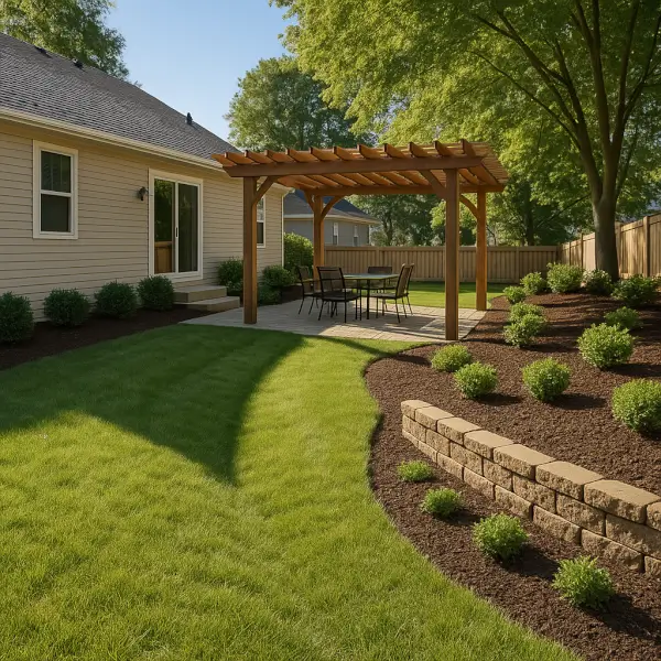 Yard with drainage swale, pergola shade, retaining wall, and organized planting beds