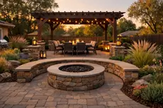 Outdoor living space in Orangevale CA by McGuire Earth Works - stone fire pit with seating wall and pergola on paver patio