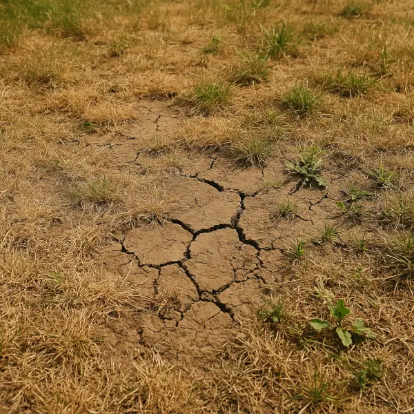 Bare patches and cracked clay soil in a struggling Orangevale backyard lawn