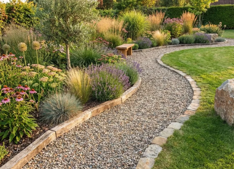 Curved pea gravel garden path bordered by stone edging and layered planting beds in a professionally built landscape.