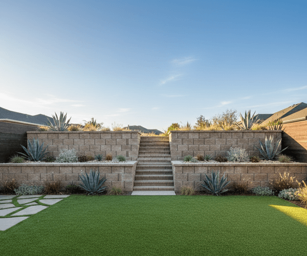 Finished block retaining wall with steps and drought tolerant landscaping in Sacramento CA