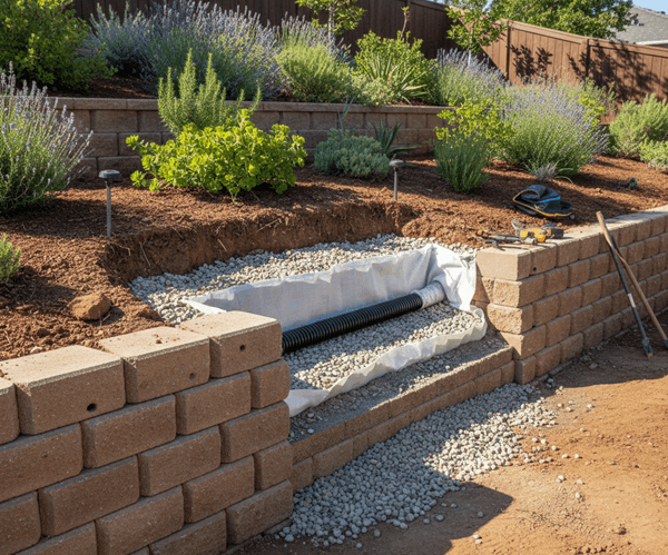 Perforated drain pipe and gravel backfill behind retaining wall for proper drainage in Sacramento