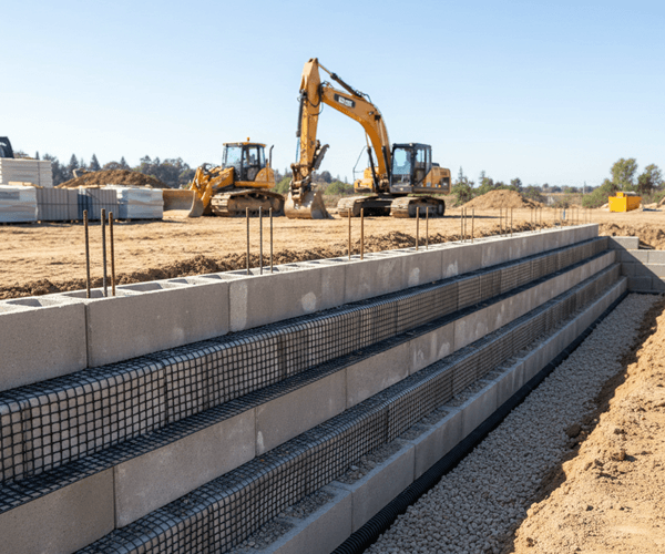 Geogrid reinforced retaining wall system with structural support under construction in Sacramento CA