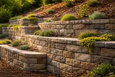 Retaining wall installation in Orangevale CA by McGuire Earth Works - multi-tiered natural stone retaining wall on sloped backyard