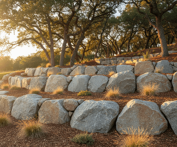 Tiered natural granite boulder retaining wall on sloped Sacramento foothill property