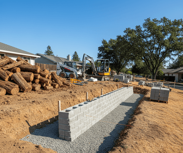 New retaining wall replacing old timber wall with heavy equipment in Sacramento neighborhood