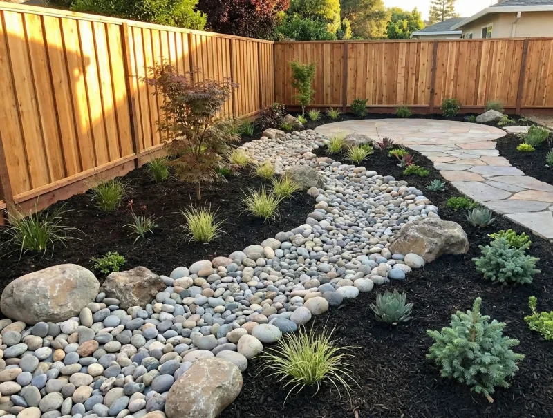 Natural river rock dry creek bed used for drainage and visual interest in a custom Orangevale residential landscape design.